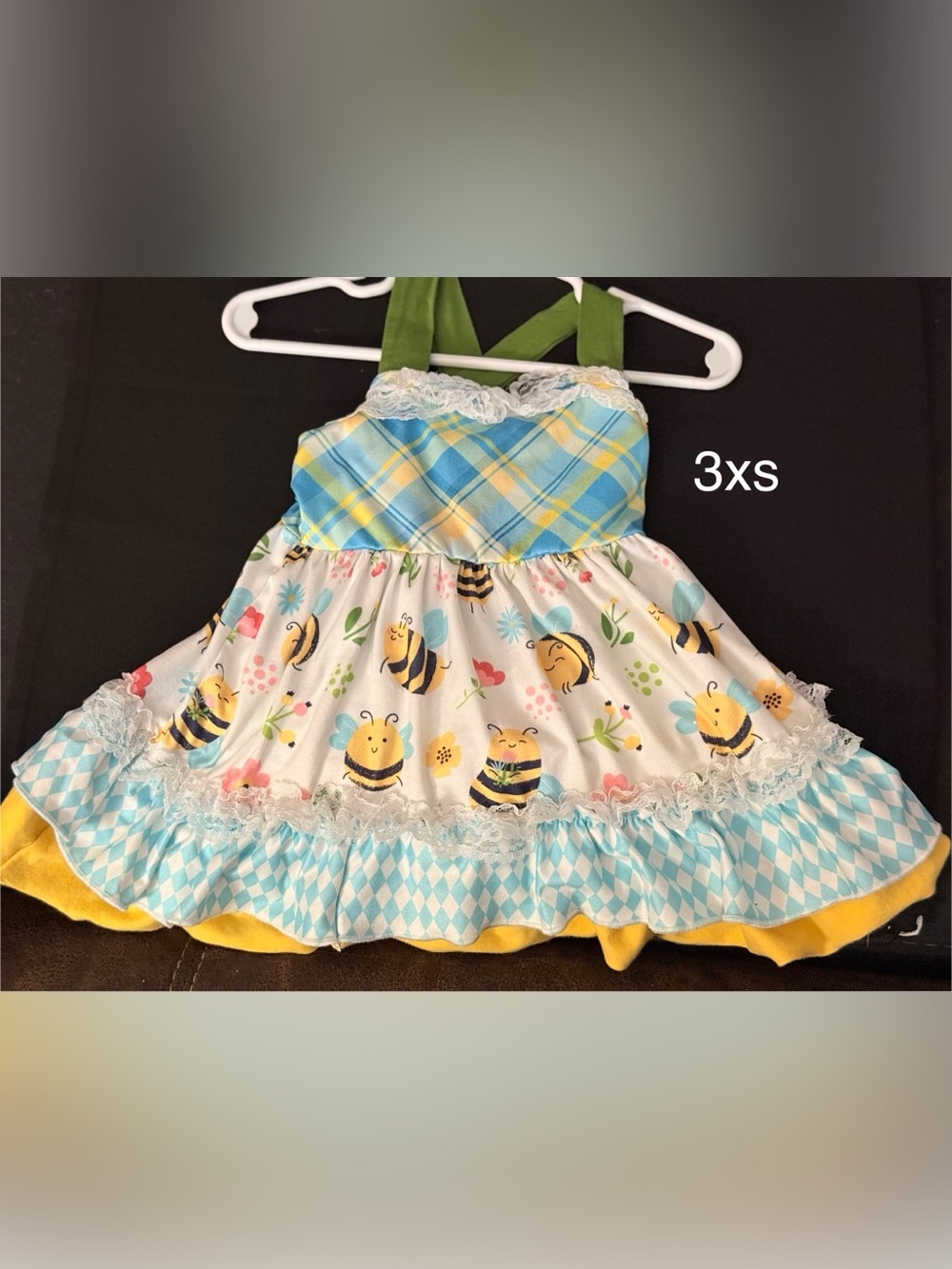Girls Bee Print Halter Sundress in Yellow, Blue & Green